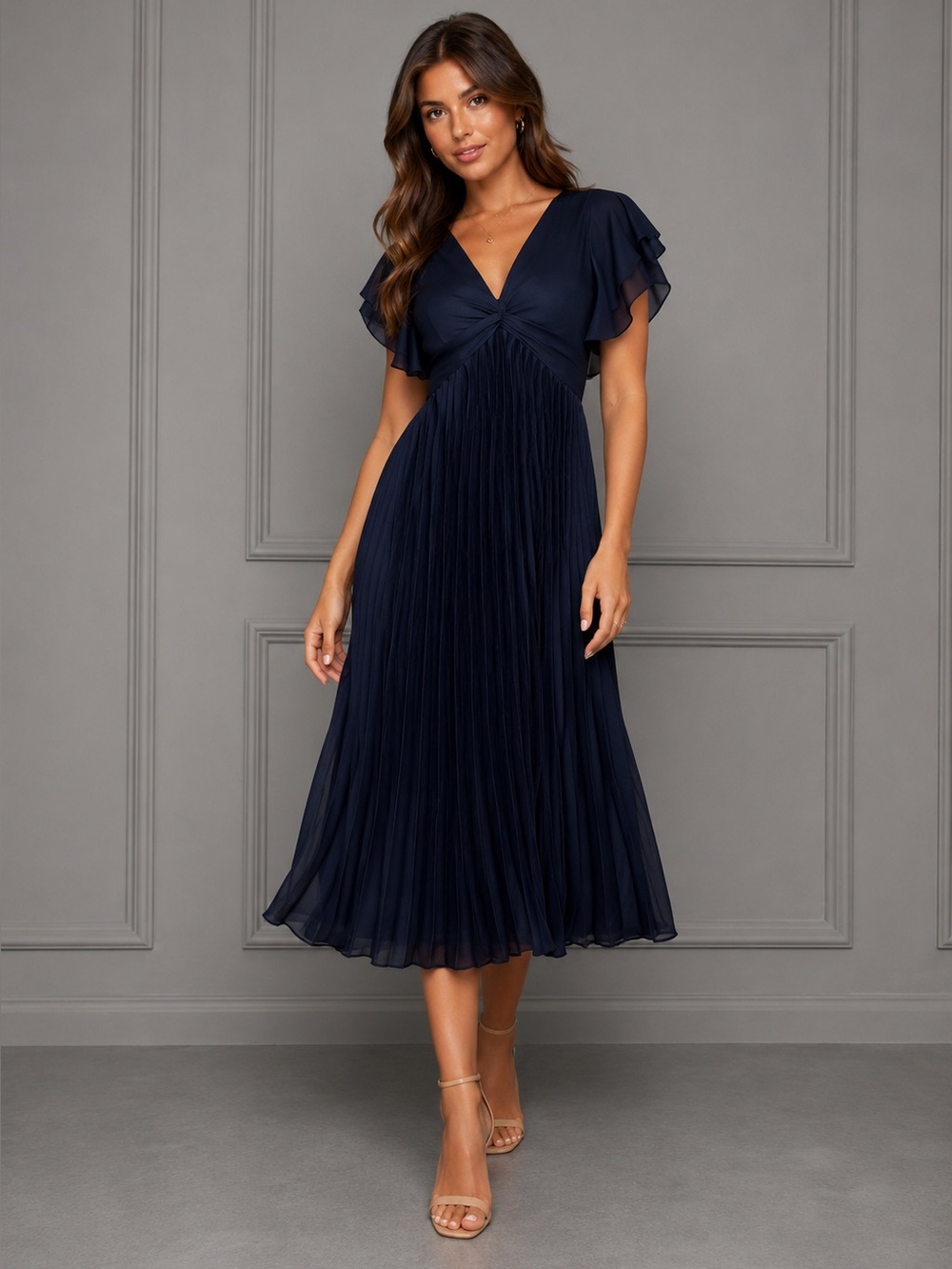 PETAL & PUP NOVA FLUTTER SLEEVE MIDI DRESS - M B302